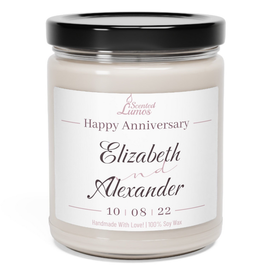 a jar of happy anniversary candle with a black lid