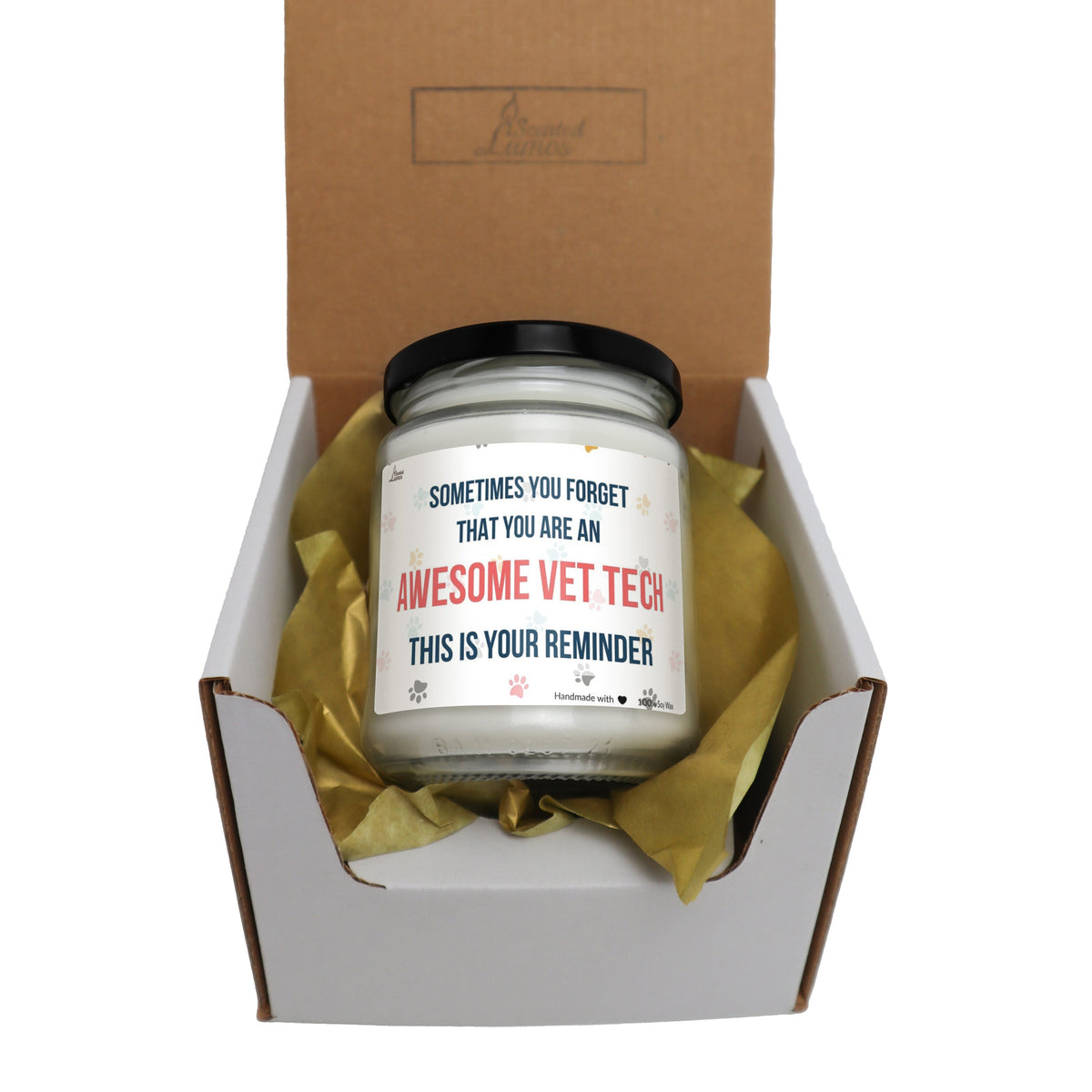 an open box with a candle inside of it