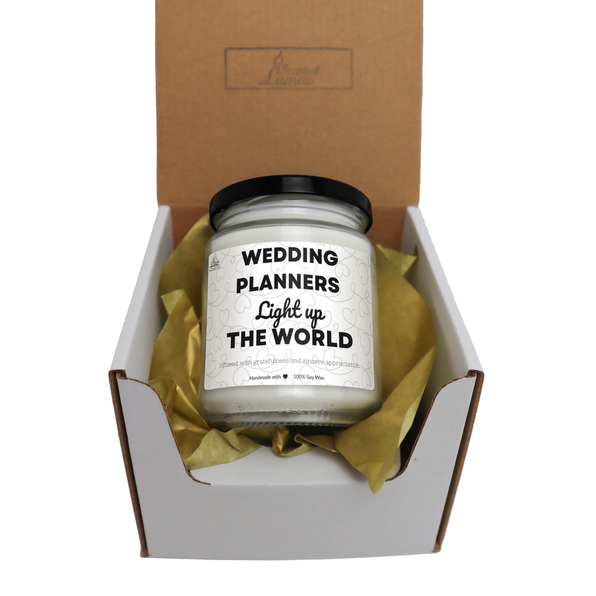 a wedding planner candle in a gift box
